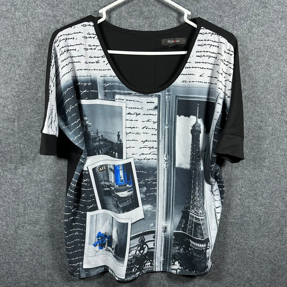 Style‎ & Co Paris Eiffel Tower Graphic Top Black White Script Short Sleeve Small